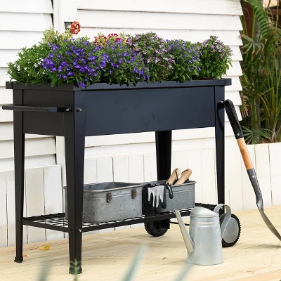 LuxenHome Black Mobile Metal Raised Garden Bed Planter Cart With Legs 2 LuxenHome Black Mobile Metal Raised Garden Bed Planter Cart With Legs - Image 2