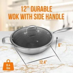 NutriChef 12 Inch Stainless Steel Nonstick Cooking Wok Kitchen Stir Fry Pan With Glass Lid For Gas, Electric, Ceramic, And Induction Counter Cooktops