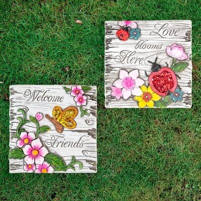 Northlight Set Of 2 Love Blooms And Welcome Friends Floral Outdoor Garden Stones 7" 1 Northlight Set Of 2 Love Blooms And Welcome Friends Floral Outdoor Garden Stones 7"