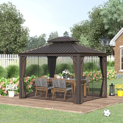Outsunny Patio Gazebo 12' X 10', Netting & Curtains, Double Vented Steel Roof, Permanent Hardtop, Ceiling Hooks, Rust Proof Aluminum Frame, Dark Brown 1 Outsunny Patio Gazebo 12' X 10', Netting & Curtains, Double Vented Steel Roof, Permanent Hardtop, Ceiling Hooks, Rust Proof Aluminum Frame, Dark Brown