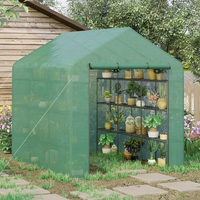 Outsunny Walk-in Greenhouse For Outdoors With Roll-up Zipper Door, 18 Shelves, PE Cover, Heavy Duty Humidity Seal, 95.25" X 70.75" X 82.75" 1 Outsunny Walk-in Greenhouse For Outdoors With Roll-up Zipper Door, 18 Shelves, PE Cover, Heavy Duty Humidity Seal, 95.25" X 70.75" X 82.75"
