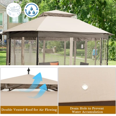 Costway 10'x12' Patio Gazebo Canopy Shelter Double Top Netting Sidewalls Beige 5 Costway 10'x12' Patio Gazebo Canopy Shelter Double Top Netting Sidewalls Beige - Image 5