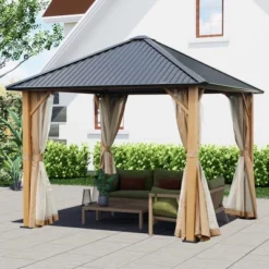 Aoodor Wood Grain Aluminum Gazebo Hardtop Black Steel Roof With Curtain&Netting 12 Aoodor Wood Grain Aluminum Gazebo Hardtop Black Steel Roof With Curtain&Netting -Sunnydaze Decor Store GUEST 75bd9461 89cd 4c6d 9f9d 082a2d64ef9f