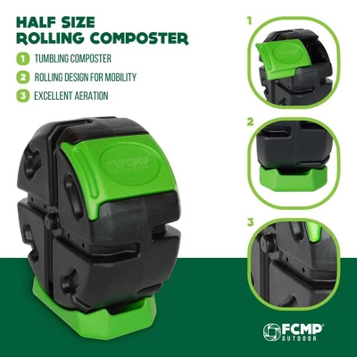 FCMP Outdoor RC2000WB-GRN 19-Gal 2.5 Cu Ft Plastic Resin Single Chamber Half Size Rolling Composter Outdoor Rotating Garden Compost Bin 2 FCMP Outdoor RC2000WB-GRN 19-Gal 2.5 Cu Ft Plastic Resin Single Chamber Half Size Rolling Composter Outdoor Rotating Garden Compost Bin - Image 2