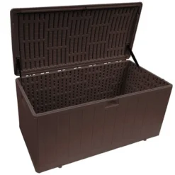 Plastic Development Group 105-Gallon Weather-Resistant Resin Outdoor Patio Storage Deck Box With Lid Retainer Straps, Java Brown