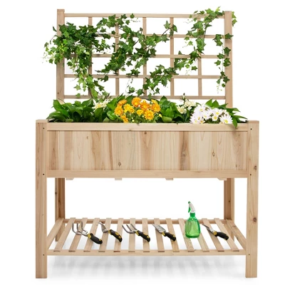 Costway Raised Garden Bed Elevated Wooden Planter Box With Trellis & Open Storage Shelf 9 Costway Raised Garden Bed Elevated Wooden Planter Box With Trellis & Open Storage Shelf - Image 9