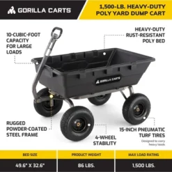 Gorilla Carts 1500 Pound Capacity Heavy Duty Poly Yard Garden Steel Dump Utility Wheelbarrow Wagon Cart With 2 In 1 Towing ATV Handle, Black
