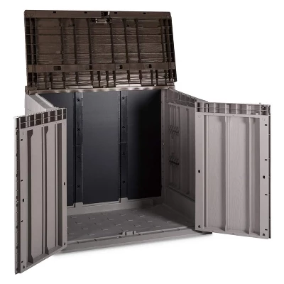 Toomax Stora Way All-Weather Outdoor XL Horizontal 5' X 3' Storage Shed Cabinet For Trash Can, Garden Tools, & Yard Equipment, Taupe Gray/Brown 1 Toomax Stora Way All-Weather Outdoor XL Horizontal 5' X 3' Storage Shed Cabinet For Trash Can, Garden Tools, & Yard Equipment, Taupe Gray/Brown