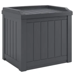 Suncast 22-Gallon Outdoor Patio Backyard Deck Box Storage Bench And 30-Gallon Hideaway Trash Waste Bin With Latching Lid, Cyberspace