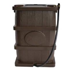 FCMP Outdoor WG4000 45 Gallon Wood Grain Outdoor Home Rain Water Catcher Barrel Flat Back Container With Spigots And Mesh Screen, Brown (2 Pack)