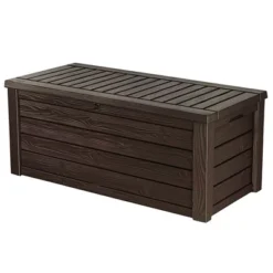 Keter Westwood Outdoor Resin 150 Gallon Deck Storage Box Organizer For Patio Furniture, Pool Toys And Yard Tools With Bench, Brown (2 Pack)