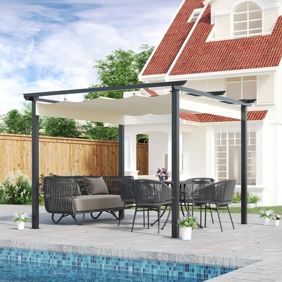 Outsunny 10' X 10' Retractable Pergola Canopy Patio Gazebo Sun Shelter With Aluminum Frame For Outdoors, Cream White 2 Outsunny 10' X 10' Retractable Pergola Canopy Patio Gazebo Sun Shelter With Aluminum Frame For Outdoors, Cream White - Image 2