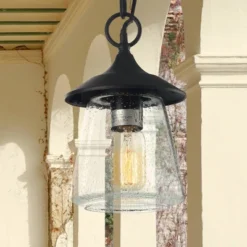 9.5" Metal/Glass Outdoor Pendant Light Black - LNC