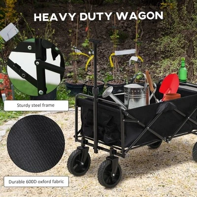 Outsunny Collapsible Wagon, Graden Carts With Wheels, Adjustable Handle, Folding Table And Cup Holders, Black 4 Outsunny Collapsible Wagon, Graden Carts With Wheels, Adjustable Handle, Folding Table And Cup Holders, Black - Image 4