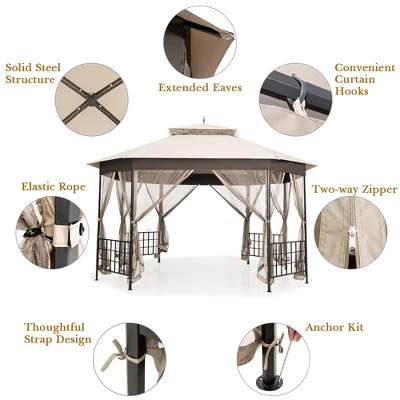 Costway 10'x12' Patio Gazebo Canopy Shelter Double Top Netting Sidewalls Beige 6 Costway 10'x12' Patio Gazebo Canopy Shelter Double Top Netting Sidewalls Beige - Image 6