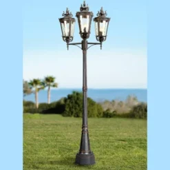 John Timberland Mediterranean Outdoor Post Light Street Lantern 3 Light Veranda Bronze 100" Clear Hammered Glass For Exterior Yard