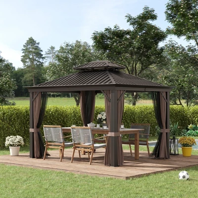 Outsunny Patio Gazebo 12' X 10', Netting & Curtains, Double Vented Steel Roof, Permanent Hardtop, Ceiling Hooks, Rust Proof Aluminum Frame, Dark Brown 2 Outsunny Patio Gazebo 12' X 10', Netting & Curtains, Double Vented Steel Roof, Permanent Hardtop, Ceiling Hooks, Rust Proof Aluminum Frame, Dark Brown - Image 2