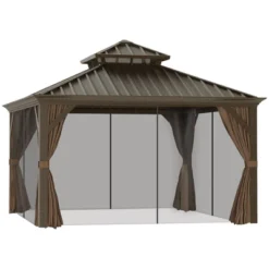 Outsunny Patio Gazebo 12' X 12', Netting & Curtains, 2 Tier Double Vented Steel Roof, Hardtop, Ceiling Hooks, Rust Proof Aluminum, Brown -Sunnydaze Decor Store GUEST 9f927b1c f5df 4e76 af54 79e999b7f92e