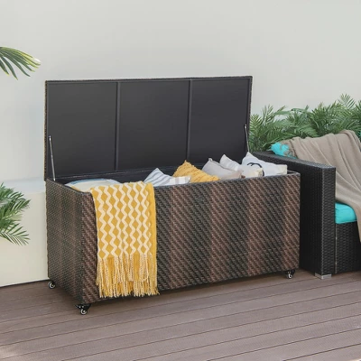 Costway 96 Gallon Patio Rattan Storage Deck Box Container Garden Liner Wheels Mix Brown/Grey 1 Costway 96 Gallon Patio Rattan Storage Deck Box Container Garden Liner Wheels Mix Brown/Grey