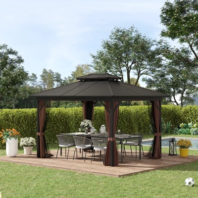 Outsunny Outdoor Hardtop Gazebo Galvanized Steel Canopy With Aluminum Frame Double Vented Roof Pergola With Netting And Curtains For Patios, Gardens, Lawns, Dark Brown 1 Outsunny Outdoor Hardtop Gazebo Galvanized Steel Canopy With Aluminum Frame Double Vented Roof Pergola With Netting And Curtains For Patios, Gardens, Lawns, Dark Brown