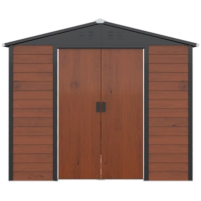 Outsunny 94.5" X 81" Outdoor Storage Shed, Galvanized Steel Metal Garden Shed With Double Sliding Lockable Door, Floor Frame, Vents, Teak 4 Outsunny 94.5" X 81" Outdoor Storage Shed, Galvanized Steel Metal Garden Shed With Double Sliding Lockable Door, Floor Frame, Vents, Teak - Image 4