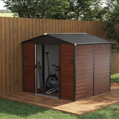 Outsunny 94.5" X 81" Outdoor Storage Shed, Galvanized Steel Metal Garden Shed With Double Sliding Lockable Door, Floor Frame, Vents, Teak 2 Outsunny 94.5" X 81" Outdoor Storage Shed, Galvanized Steel Metal Garden Shed With Double Sliding Lockable Door, Floor Frame, Vents, Teak - Image 2