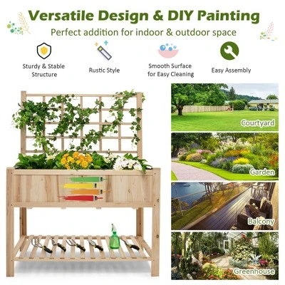Costway Raised Garden Bed Elevated Wooden Planter Box With Trellis & Open Storage Shelf 4 Costway Raised Garden Bed Elevated Wooden Planter Box With Trellis & Open Storage Shelf - Image 4