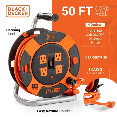 Black & Decker BLACK+DECKER 50' Cord Reel 14AWG 4 Outlets 2 Black & Decker BLACK+DECKER 50' Cord Reel 14AWG 4 Outlets - Image 2