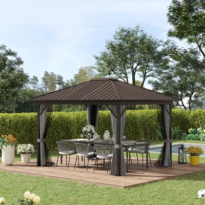 Outsunny 11.9" X 9.8" Hardtop Gazebo With Curtains And Netting, Permanent Pavilion Metal Roof Gazebo Canopy With Aluminum Frame And Top Hook, Gray 2 Outsunny 11.9" X 9.8" Hardtop Gazebo With Curtains And Netting, Permanent Pavilion Metal Roof Gazebo Canopy With Aluminum Frame And Top Hook, Gray - Image 2
