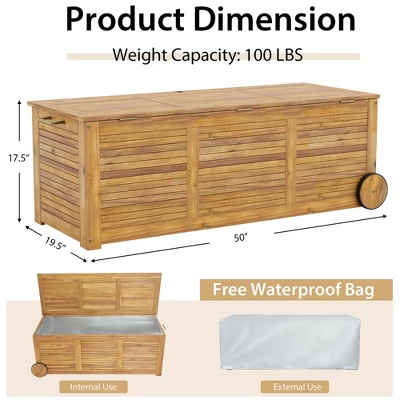 Costway 48 Gallon Acacia Wooden Patio Storage Deck Box Outdoor Storage Box With Wheels 2 Costway 48 Gallon Acacia Wooden Patio Storage Deck Box Outdoor Storage Box With Wheels - Image 2