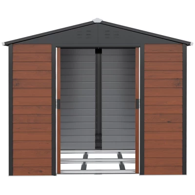 Outsunny 94.5" X 81" Outdoor Storage Shed, Galvanized Steel Metal Garden Shed With Double Sliding Lockable Door, Floor Frame, Vents, Teak 5 Outsunny 94.5" X 81" Outdoor Storage Shed, Galvanized Steel Metal Garden Shed With Double Sliding Lockable Door, Floor Frame, Vents, Teak - Image 5
