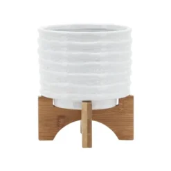 6" Ceramic Planter On Stand White Stripe - Sagebrook Home
