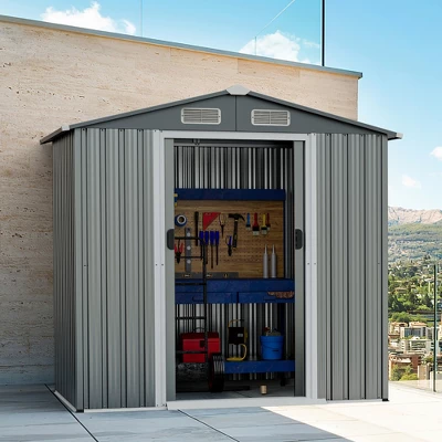 Costway 6 X 4 FT Outdoor Storage Shed Galvanized Steel Shed With Lockable Sliding Doors 8 Costway 6 X 4 FT Outdoor Storage Shed Galvanized Steel Shed With Lockable Sliding Doors - Image 8