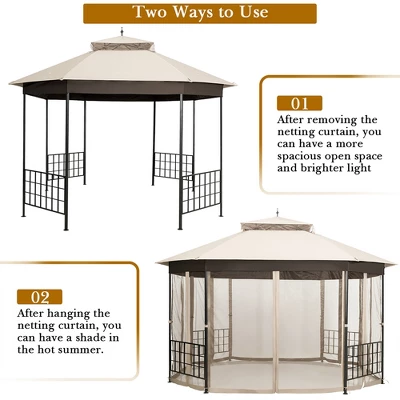 Costway 10'x12' Patio Gazebo Canopy Shelter Double Top Netting Sidewalls Beige 8 Costway 10'x12' Patio Gazebo Canopy Shelter Double Top Netting Sidewalls Beige - Image 8