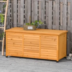 Outsunny 75 Gallon Wooden Deck Box, Outdoor Storage Container With Aerating Gap & Weather-Fighting Finish