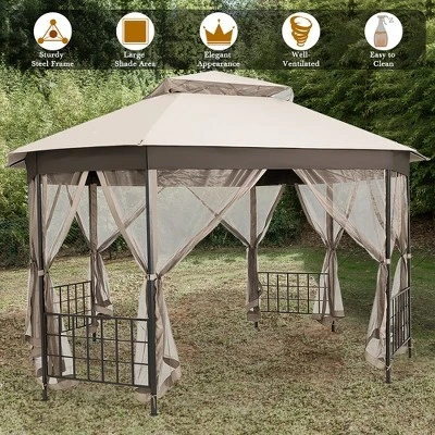 Costway 10'x12' Patio Gazebo Canopy Shelter Double Top Netting Sidewalls Beige 4 Costway 10'x12' Patio Gazebo Canopy Shelter Double Top Netting Sidewalls Beige - Image 4