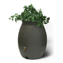 Algreen Products Castilla 50 Gallon BPA Free Roto Molded Plastic Rain Water Collection Barrel With Shut Off Nozzle And Screen Guard, Brownstone