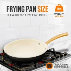 NutriChef 12" Large Fry Pan - Large Skillet Nonstick Frying Pan With Golden Titanium Coated Silicone Handle, Ceramic Coating