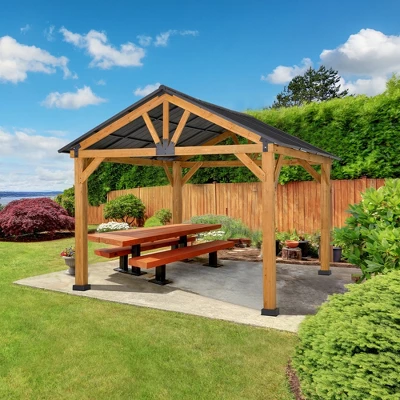 Outsunny 11x13 Hardtop Gazebo With Wooden Frame, Permanent Metal Roof Gazebo Canopy With Ceiling Hook For Garden, Patio, Backyard 1 Outsunny 11x13 Hardtop Gazebo With Wooden Frame, Permanent Metal Roof Gazebo Canopy With Ceiling Hook For Garden, Patio, Backyard