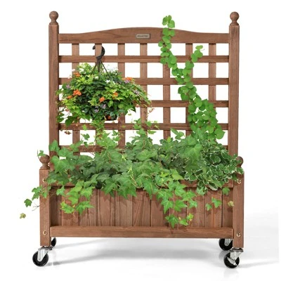 Tangkula 32in Wood Planter Box With Trellis And Wheels Mobile Plant Raised Bed For Indoor&Outdoor 5 Tangkula 32in Wood Planter Box With Trellis And Wheels Mobile Plant Raised Bed For Indoor&Outdoor - Image 5