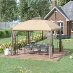 Outsunny 10' X 10' Patio Gazebo Canopy Outdoor Canopy Shelter With Double Tier Roof, Removable Mesh Netting, Display Shelves