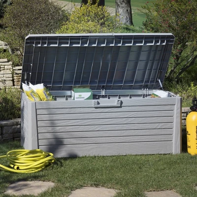Toomax Florida UV Resistant Lockable Deck Storage Box Bench For Outdoor Pool Patio Garden Furniture & Indoor Toy Bin Container, 145 Gallon (Warm Grey) 1 Toomax Florida UV Resistant Lockable Deck Storage Box Bench For Outdoor Pool Patio Garden Furniture & Indoor Toy Bin Container, 145 Gallon (Warm Grey)