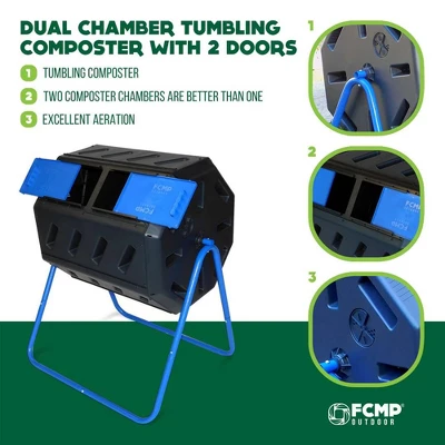 FCMP Outdoor 37 Gallon 8 Sided Plastic Dual Chamber Double Door Tumbling Composter Outdoor Elevated Rotating Garden Compost Bin, Blue/Black 1 FCMP Outdoor 37 Gallon 8 Sided Plastic Dual Chamber Double Door Tumbling Composter Outdoor Elevated Rotating Garden Compost Bin, Blue/Black