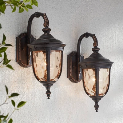 John Timberland Bellagio Vintage Outdoor Wall Light Fixtures Set Of 2 Veranda Bronze Downbridge 16 1/2" Champagne Hammered Glass For Post Exterior 1 John Timberland Bellagio Vintage Outdoor Wall Light Fixtures Set Of 2 Veranda Bronze Downbridge 16 1/2" Champagne Hammered Glass For Post Exterior