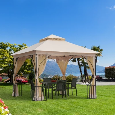 Outsunny 10' X 10' Patio Gazebo Canopy Outdoor Pavilion With Mesh Netting SideWalls, 2-Tier Polyester Roof, & Steel Frame Beige 2 Outsunny 10' X 10' Patio Gazebo Canopy Outdoor Pavilion With Mesh Netting SideWalls, 2-Tier Polyester Roof, & Steel Frame Beige - Image 2
