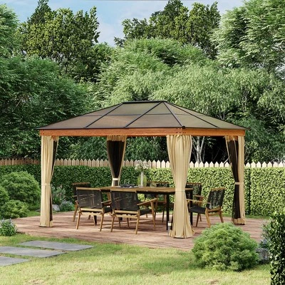 Outsunny 10' X 12' Hardtop Polycarbonate Gazebo Canopy, Aluminum Frame Pergola With Top Vent, Netting & Sidewalls For Garden, Patio, Khaki 2 Outsunny 10' X 12' Hardtop Polycarbonate Gazebo Canopy, Aluminum Frame Pergola With Top Vent, Netting & Sidewalls For Garden, Patio, Khaki - Image 2