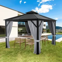 Costway 10' X 10' Patio Double-Top Hardtop Gazebo Galvanized Steel Roof Aluminum Frame