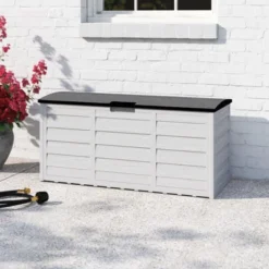 Barton 63 Gallons Patio Storage Box Container Pools Deck Box Build-in Wheel, Gray
