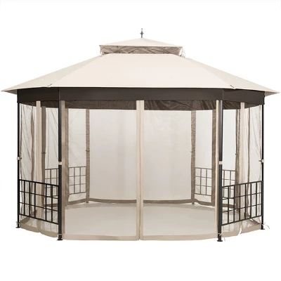 Costway 10'x12' Patio Gazebo Canopy Shelter Double Top Netting Sidewalls Beige 7 Costway 10'x12' Patio Gazebo Canopy Shelter Double Top Netting Sidewalls Beige - Image 7