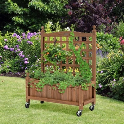 Tangkula 32in Wood Planter Box With Trellis And Wheels Mobile Plant Raised Bed For Indoor&Outdoor 1 Tangkula 32in Wood Planter Box With Trellis And Wheels Mobile Plant Raised Bed For Indoor&Outdoor